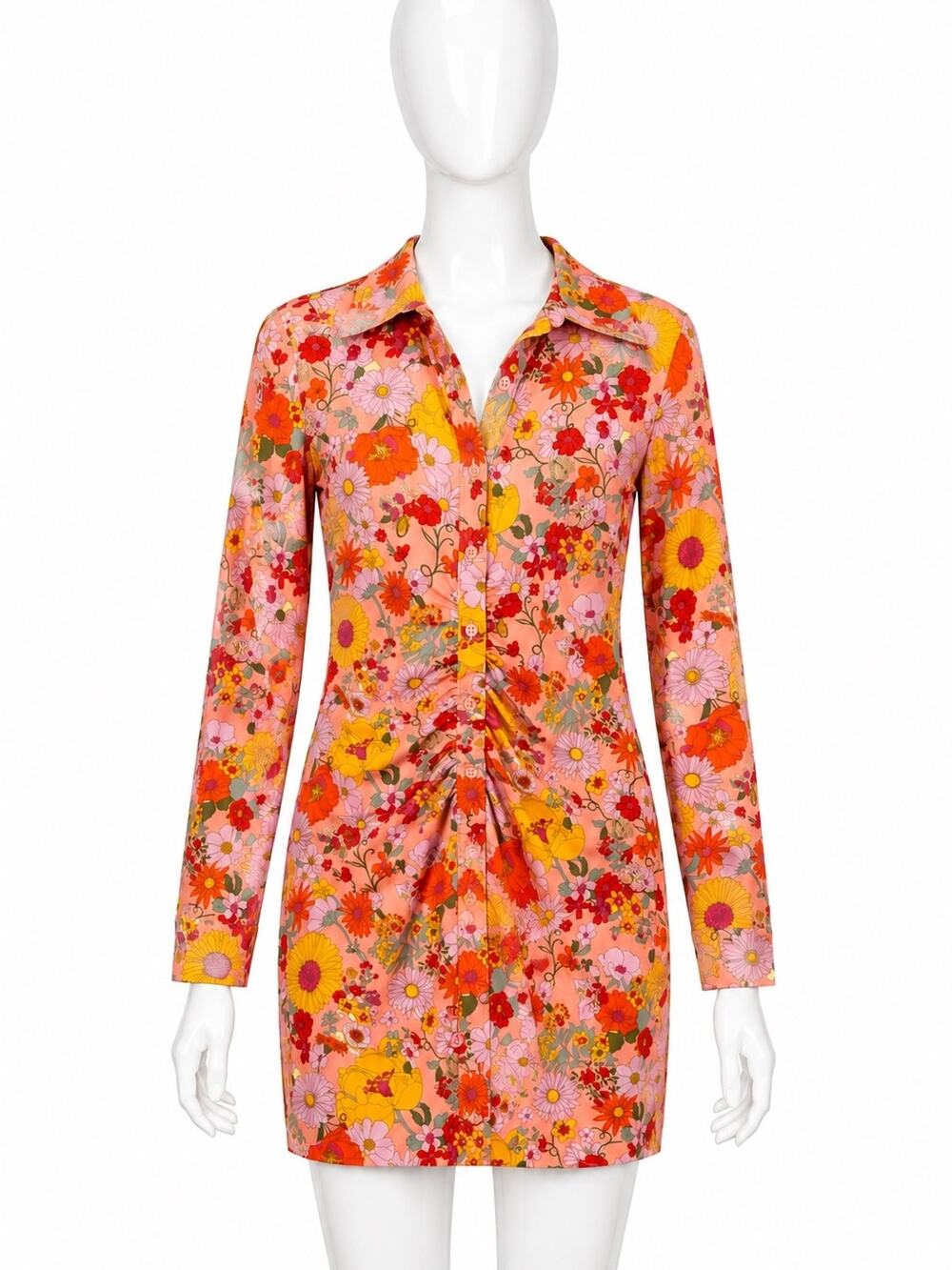 Wild Fable Floral Ruched Shirt Dress Pink Orange Long Sleeve Mini XS